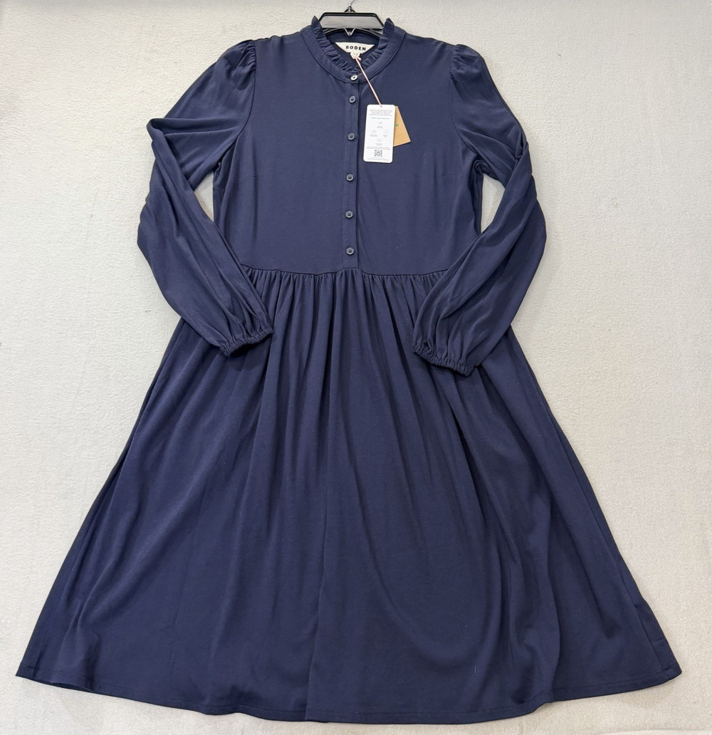 NWT Boden Willow Frill Short Shirt Dress Size 8 Navy Blue Ruffle Long Sleeve